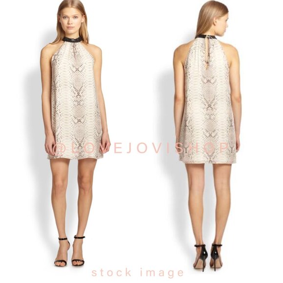 NYE Glam | Silk Chiffon Snakeskin Print Swing Mini w Suede Studded Collar Lined - Picture 2 of 14